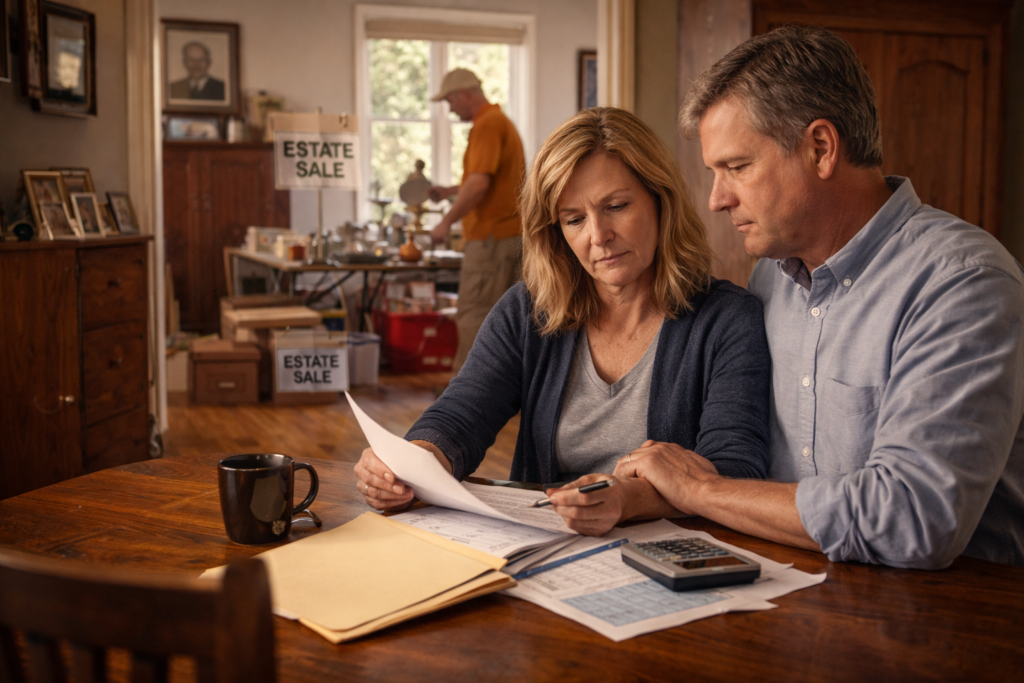 Family reviewing probate estate documents in Clovis CA home during estate sale process with organized items in background