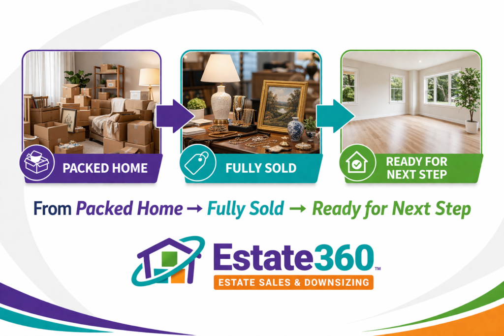 Estate sale process graphic showing packed home, fully sold items, and empty home ready for next step by Estate 360
