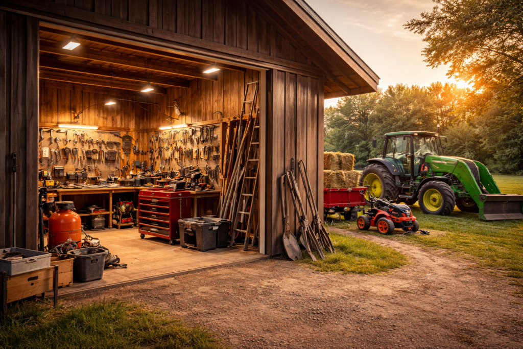 Rural estate sale in Clovis CA featuring workshop tools, farm equipment, tractor, and organized barn ready for online estate liquidation