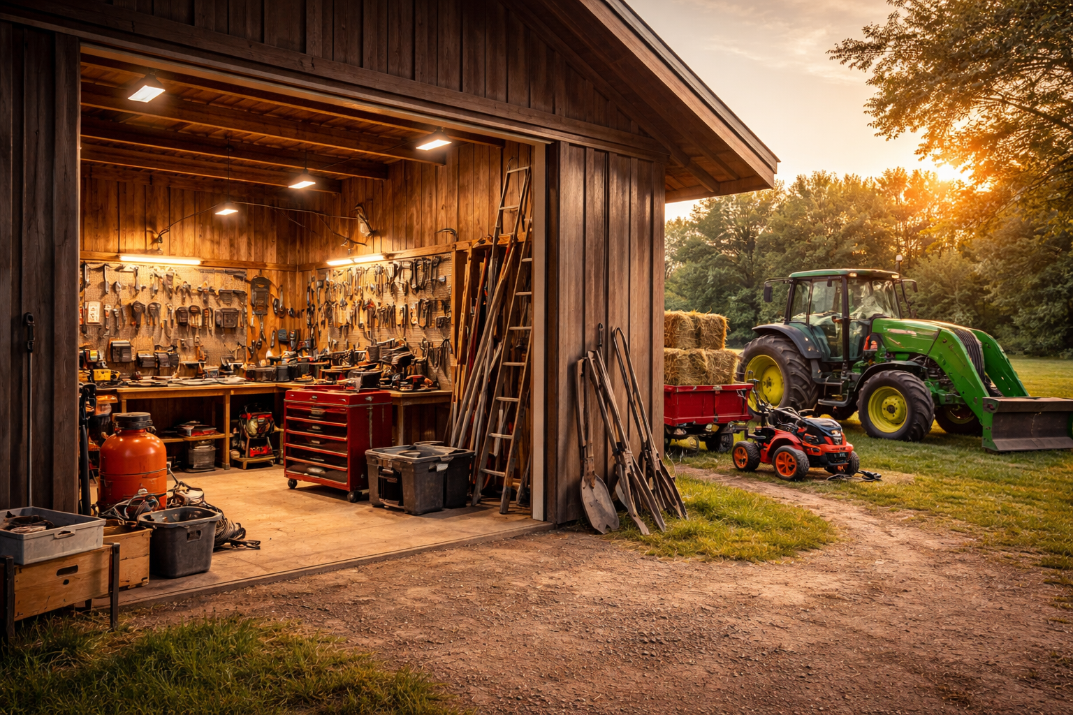 Rural estate sale in Clovis CA featuring workshop tools, farm equipment, tractor, and organized barn ready for online estate liquidation